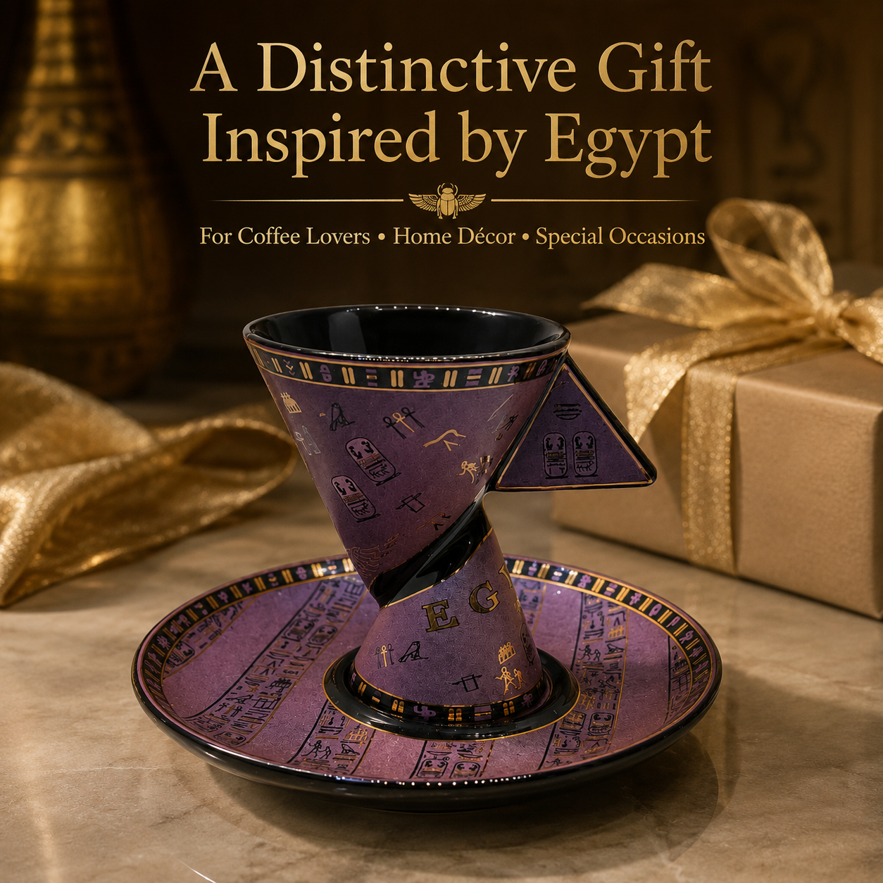 Egyptian-inspired purple and gold ceramic coffee cup and saucer set, styled on a marble surface with a wrapped gift box and draped gold fabric in the background. Text at the top reads 'A Distinctive Gift Inspired by Egypt'.