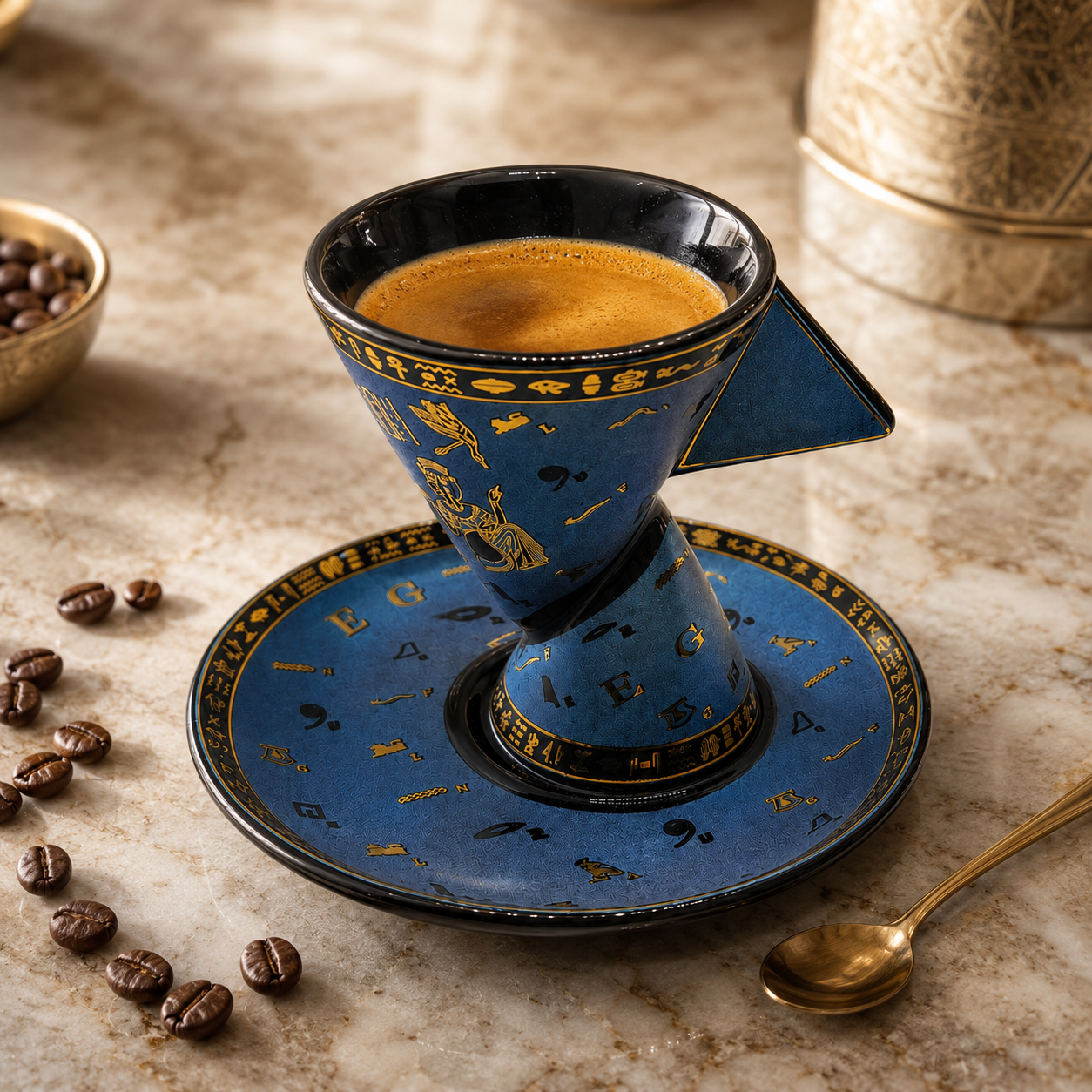 A blue and gold ceramic coffee cup with an espresso cone filled with coffee, set on a matching saucer on a marble surface with scattered coffee beans and a gold spoon.