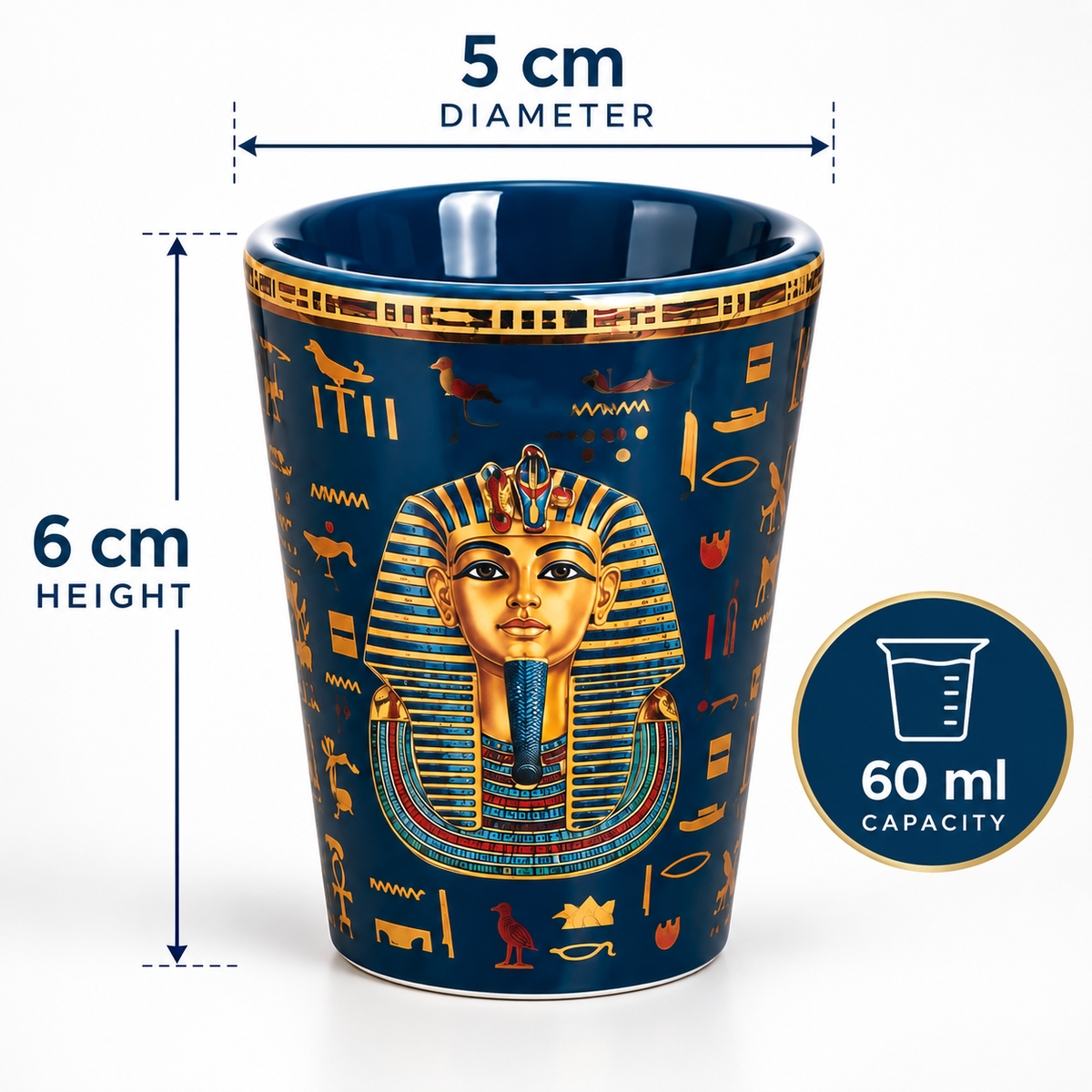 A navy blue ceramic cup with gold and multicolor Egyptian-themed artwork, shown with dimension labels indicating 5 cm diameter, 6 cm height, and 60 ml capacity on a white background.
