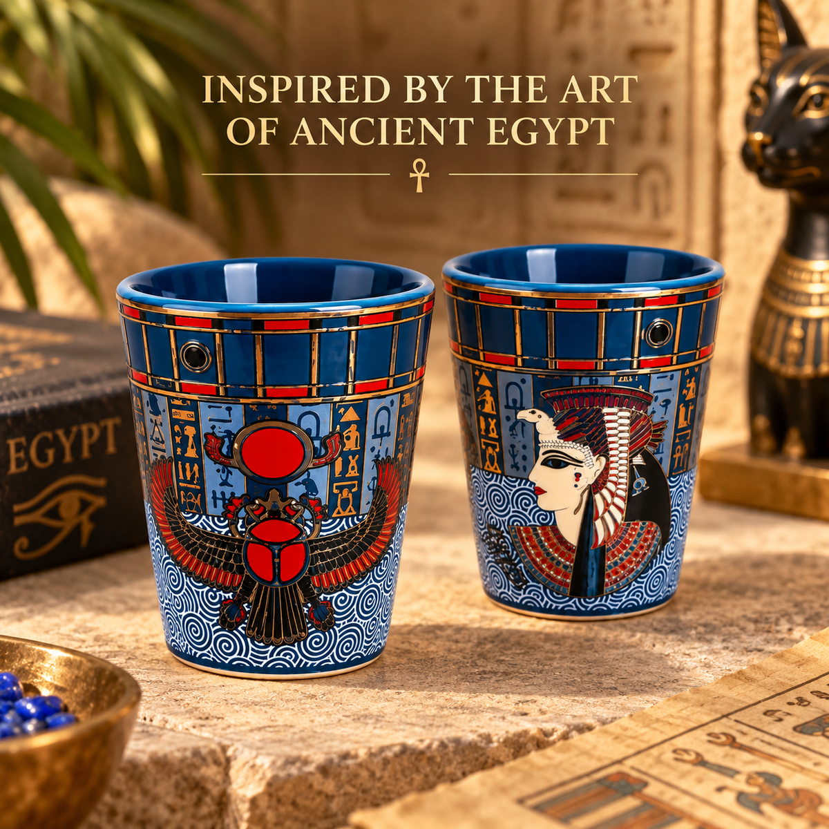 Two decorative ceramic cups with ancient Egyptian-inspired designs, featuring scarab beetles and a pharaoh profile on a blue and gold patterned background, set on a stone surface with Egyptian-themed props.