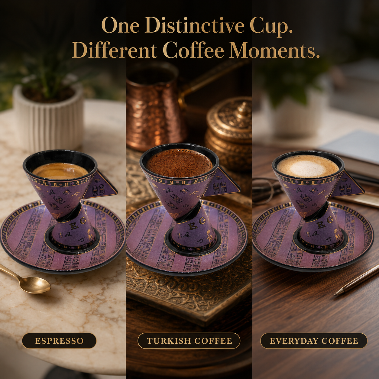 Three coffee preparation scenes side by side under the text 'One Distinctive Cup. Different Coffee Moments.