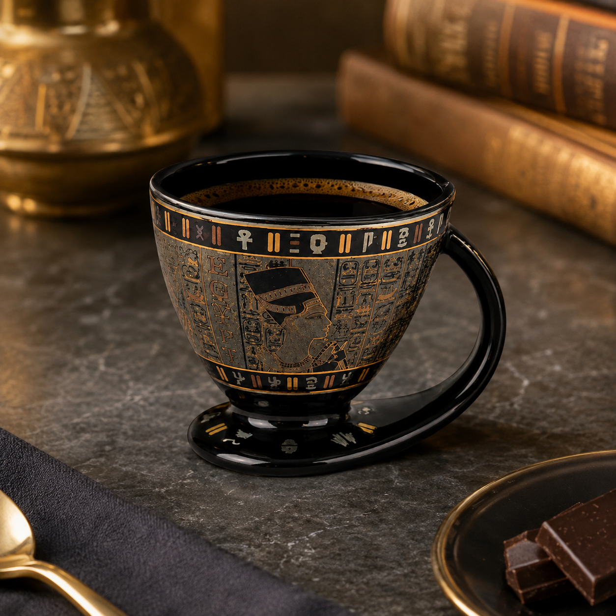 A black ceramic coffee cup with an ancient Egyptian design, featuring hieroglyphic patterns and a stylized pharaoh illustration, set on a dark stone tabletop with vintage books and gold-toned objects in the background.