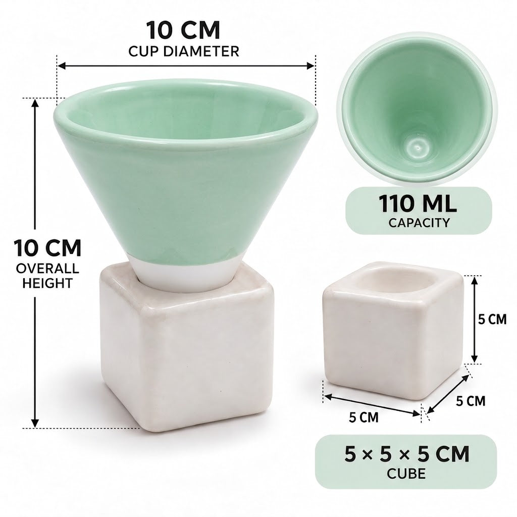 Handmade Egyptian Pottery Coffee Cup with Cube Stand – 110 ml - Mint Green & White