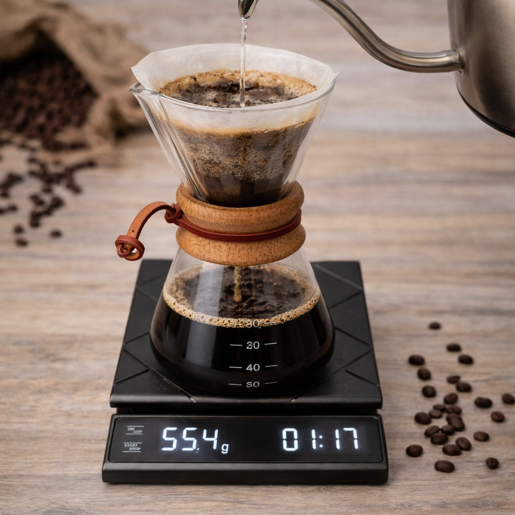 Coffee being poured into a filter on a digital scale with coffee beans around