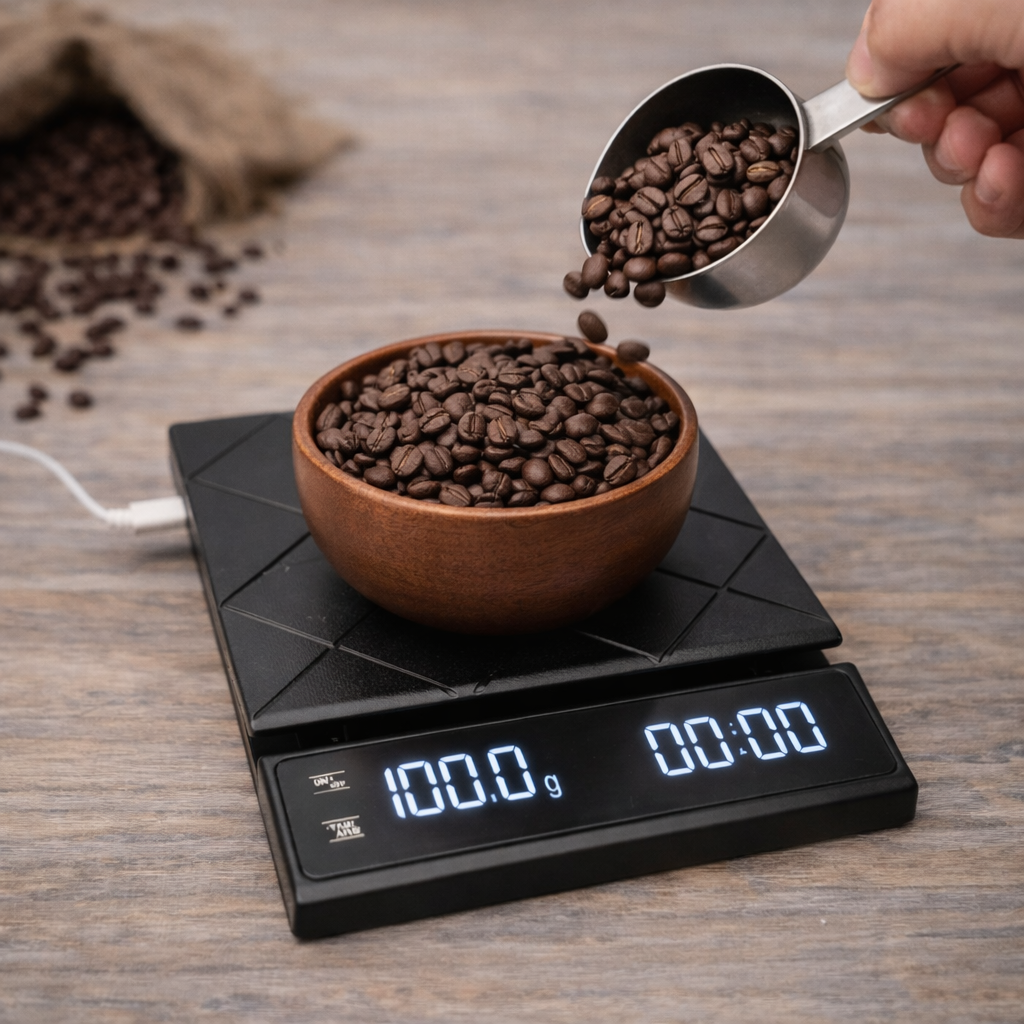 Coffee beans being poured into a bowl on a digital kitchen scale.