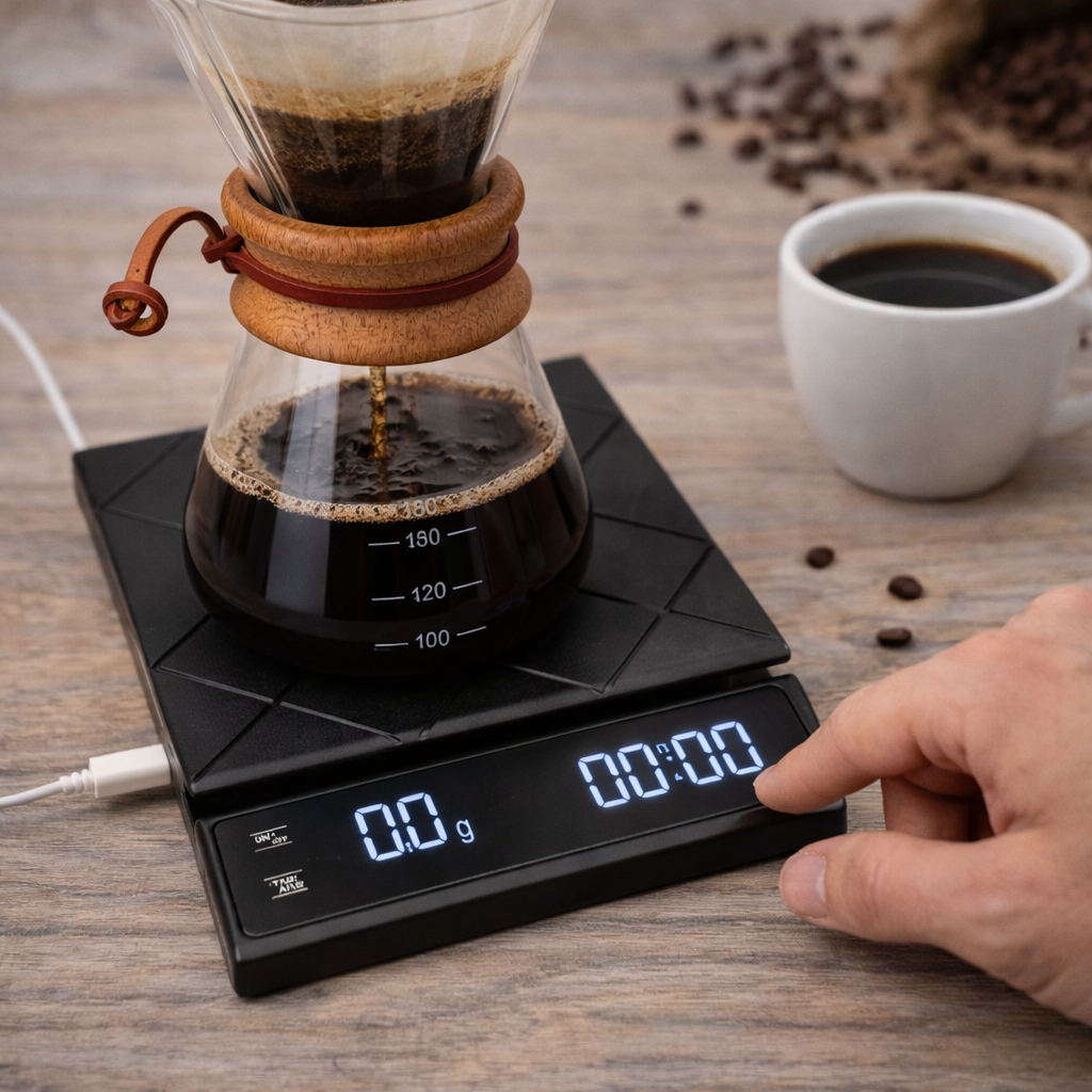 Coffee brewing setup with a digital scale, coffee maker, and cup of coffee on a wooden surface.