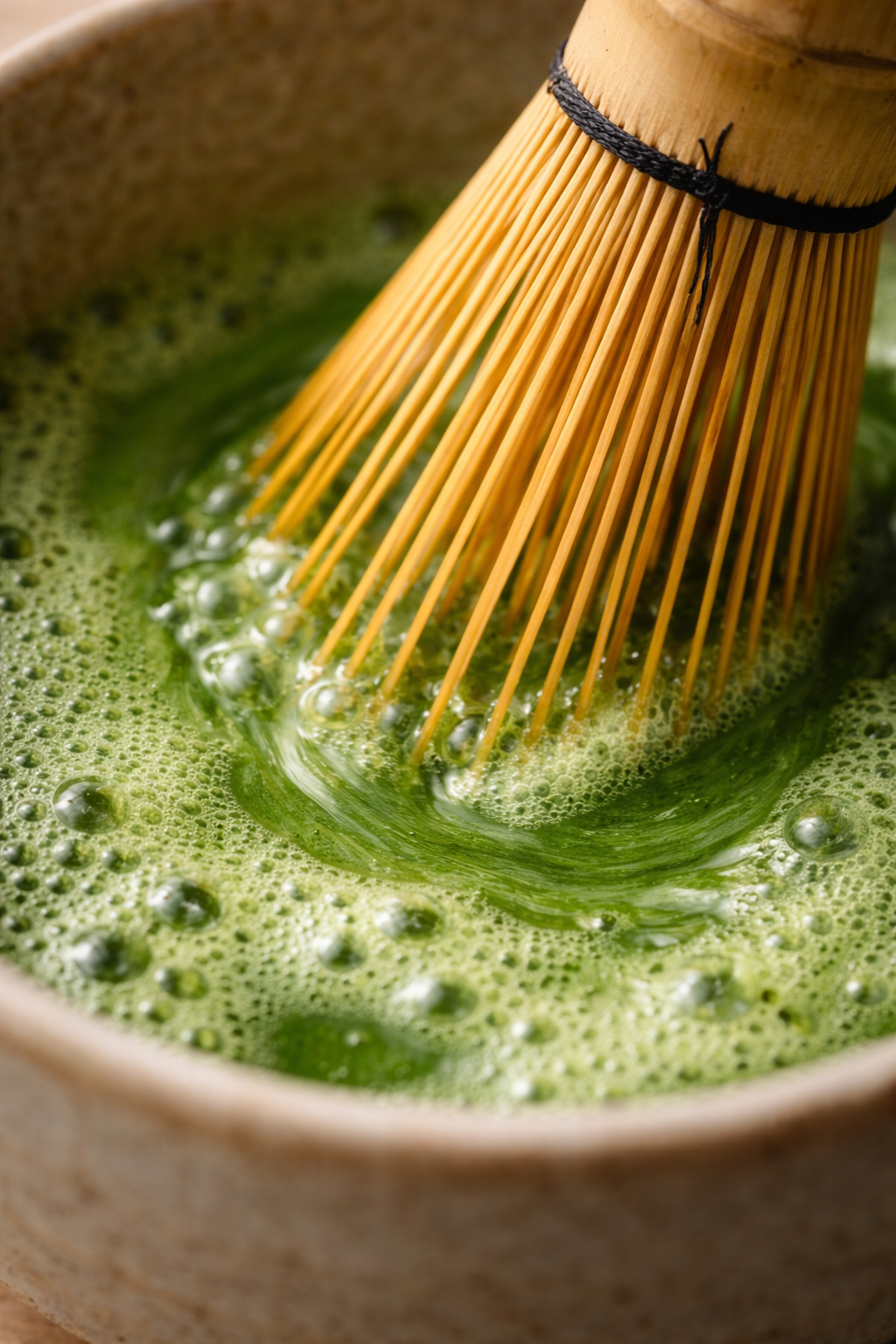 Wooden whisk stirring green tea in a ceramic bowl