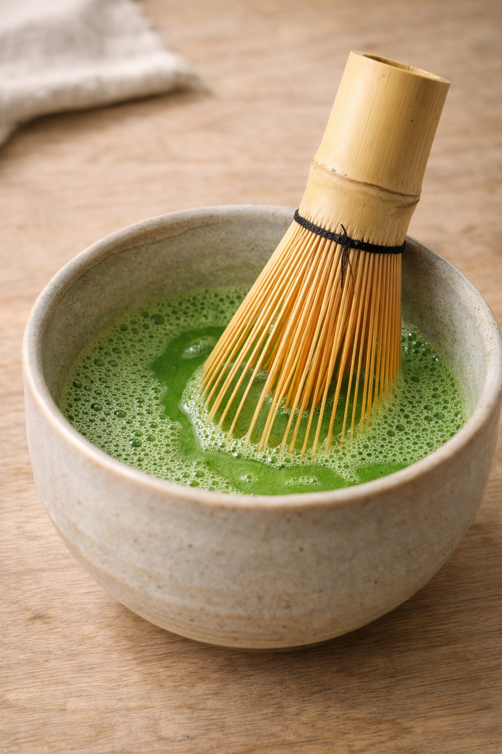 Bowl of green tea with a bamboo whisk on a wooden surface
