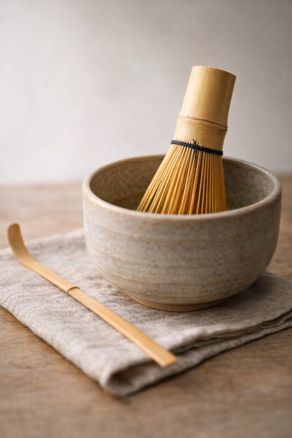 Ceramic bowl with bamboo whisk on a textured surface