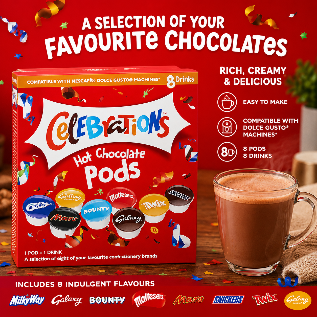Celebrations Assorted Hot Chocolate Flavors - Dolce Gusto Compatible – 8 Pods