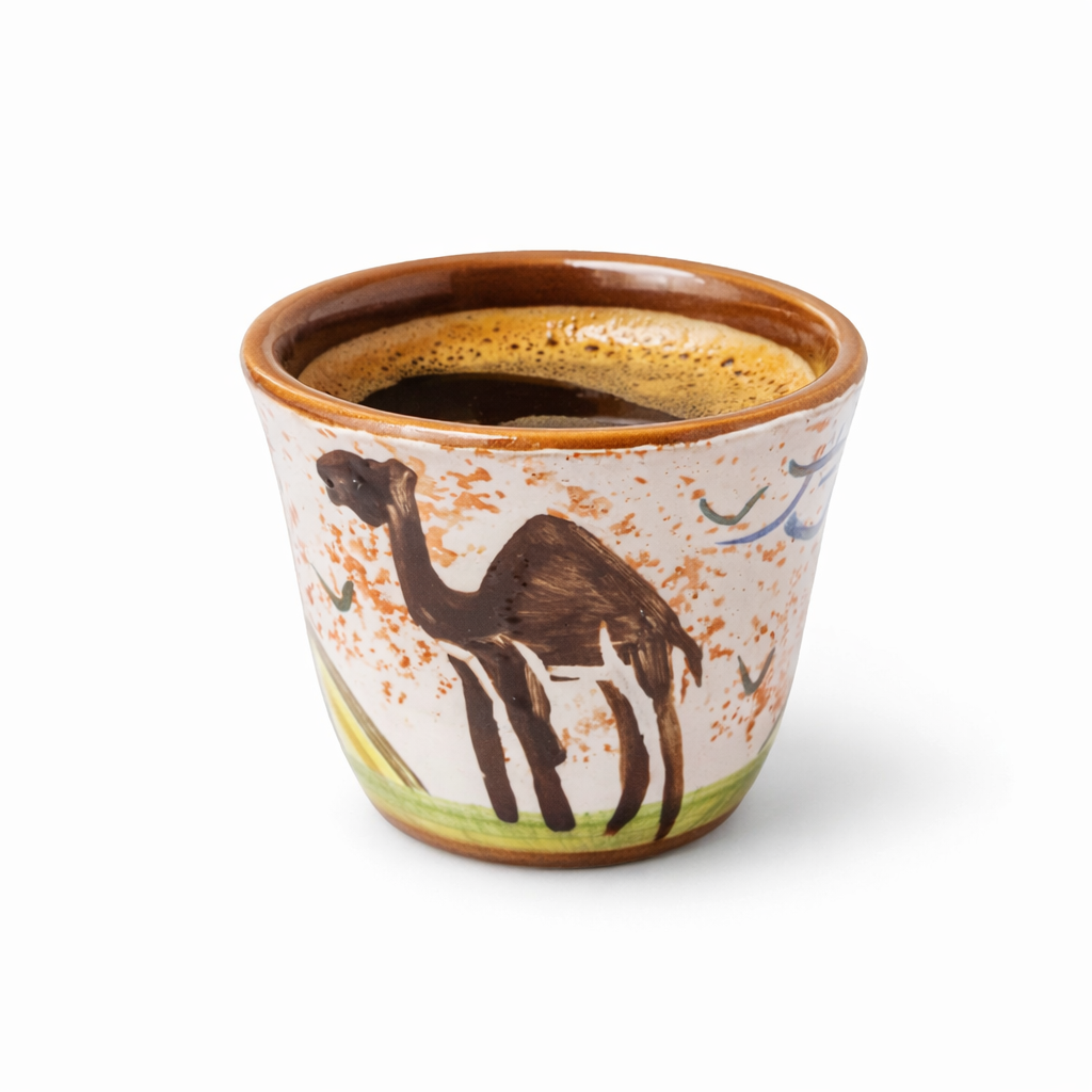 Ceramic cup with a camel design on a white background