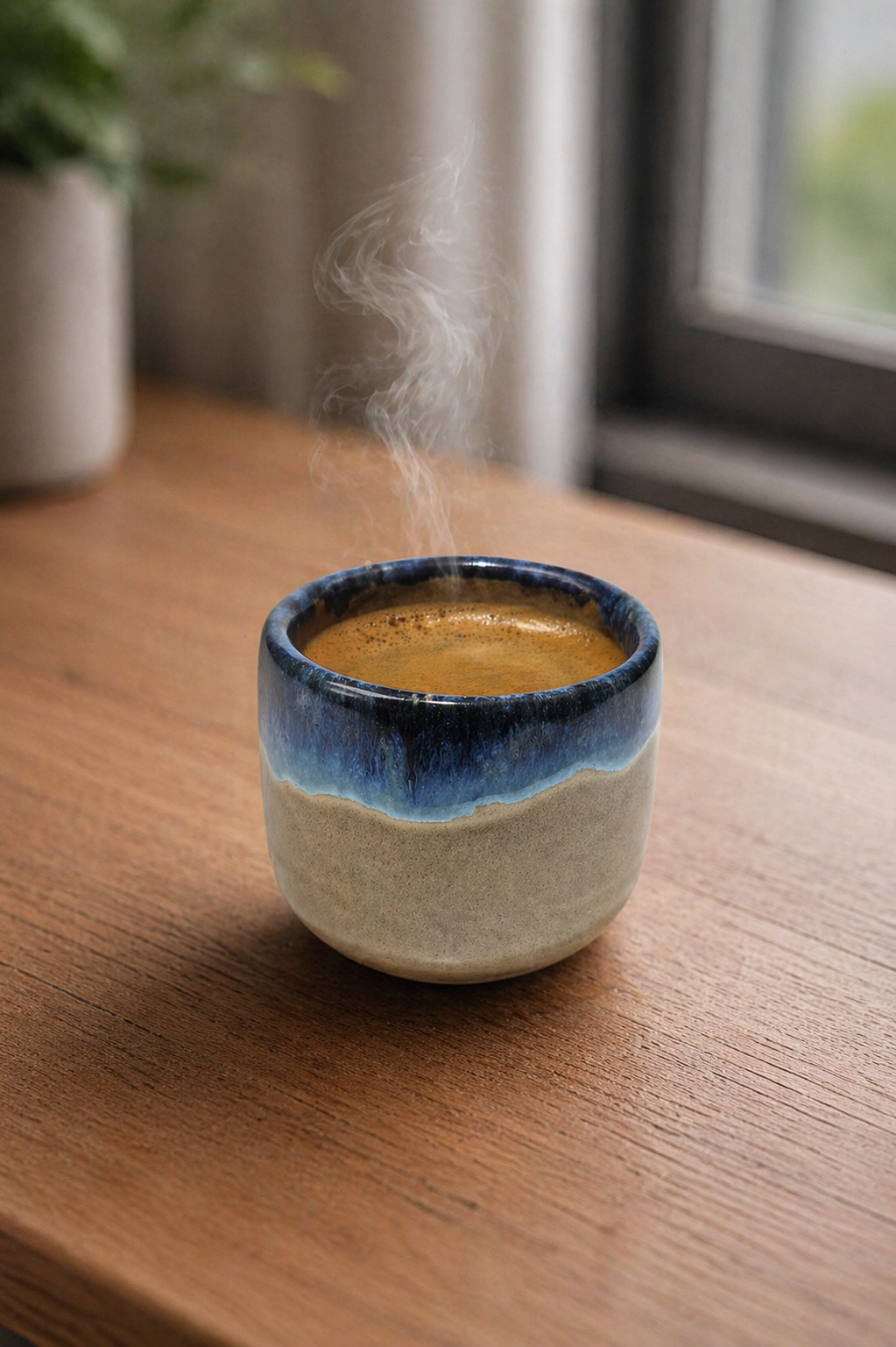 Steaming hot beverage in a ceramic cup with blue rim on a wooden surface.