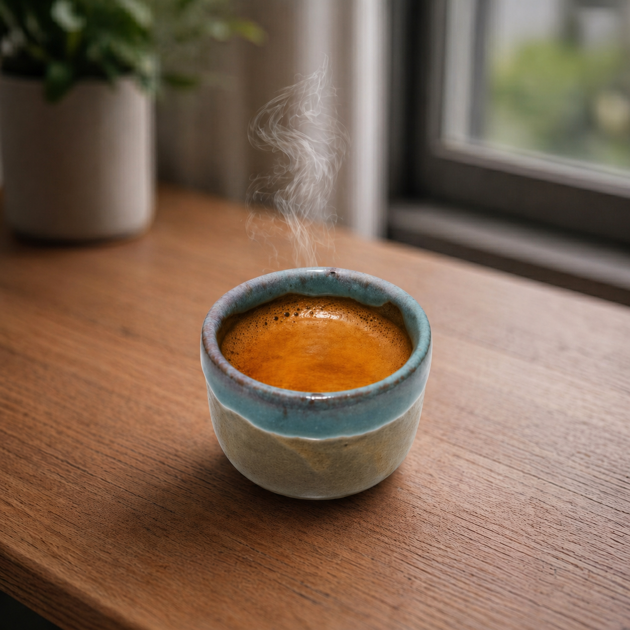 Steaming cup of coffee in a ceramic bowl on a wooden table with a blurred window in the background.