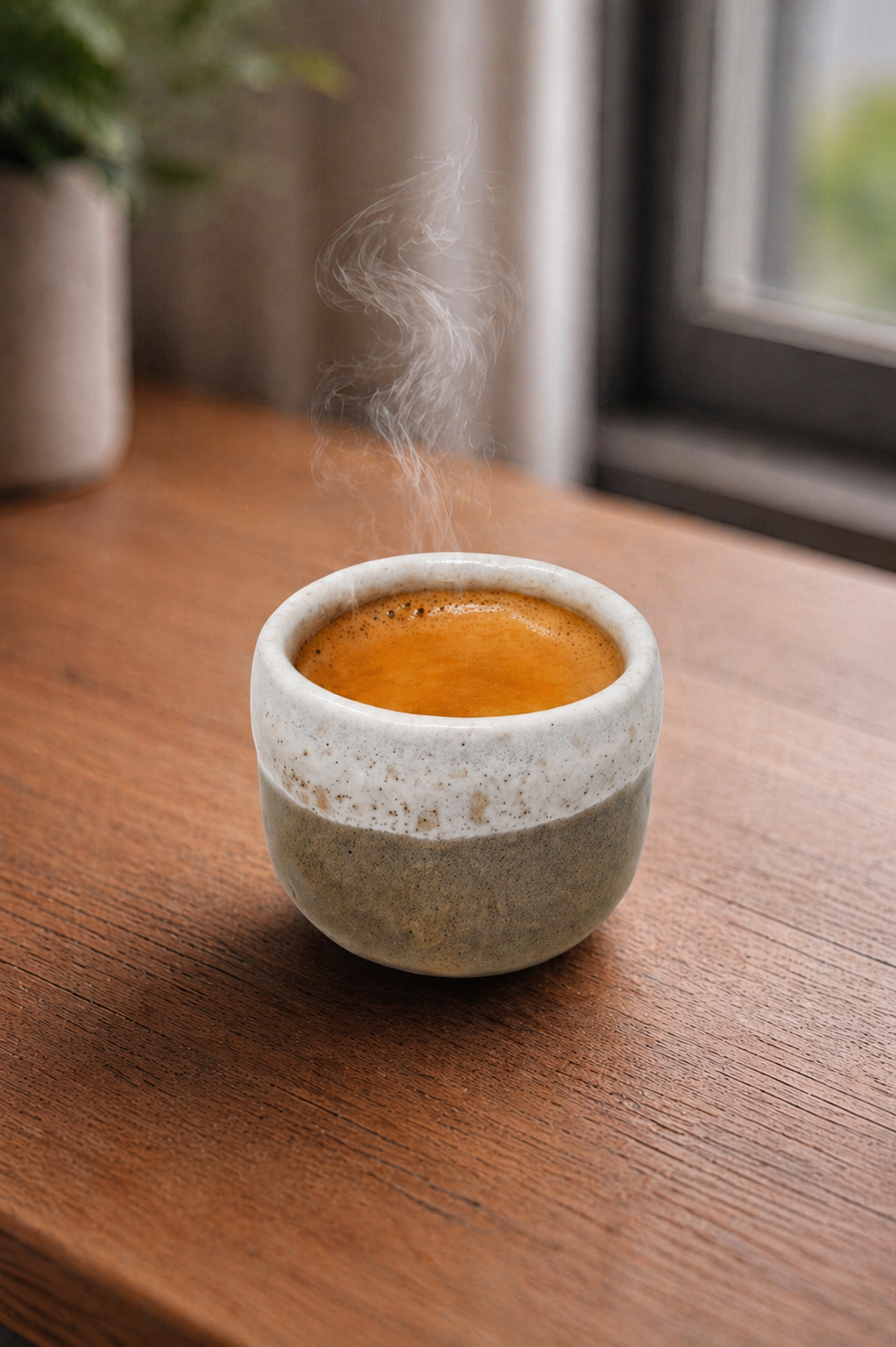 Steaming hot beverage in a ceramic cup on a wooden table with a blurred background
