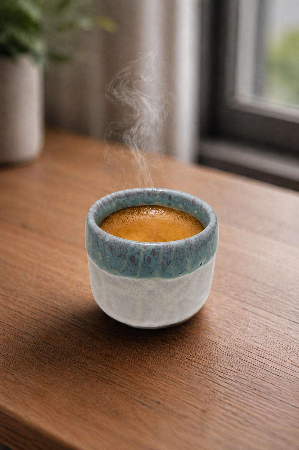 Steaming hot beverage in a ceramic cup on a wooden surface with a blurred background