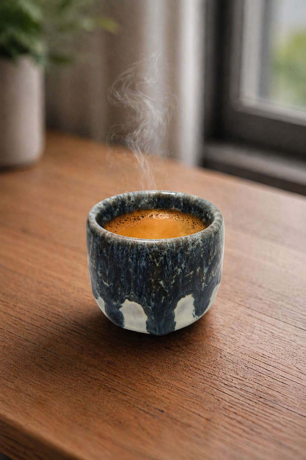 Steaming hot beverage in a ceramic cup on a wooden surface with a blurred background