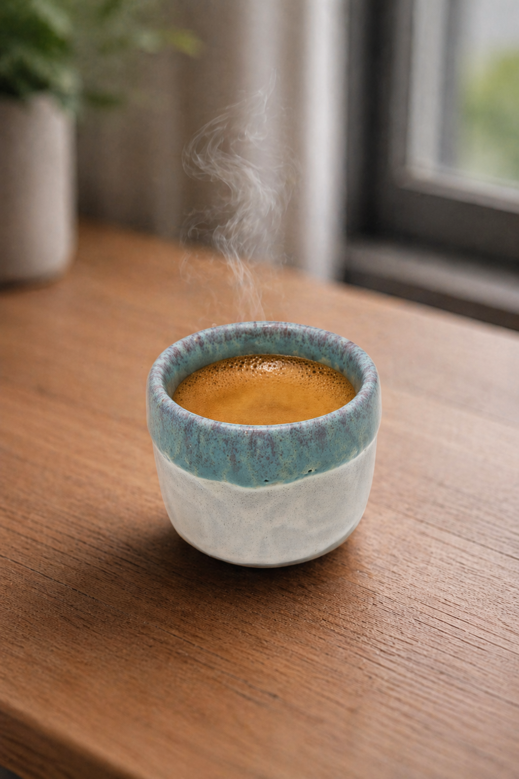 Steaming hot beverage in a ceramic cup on a wooden surface with a blurred background