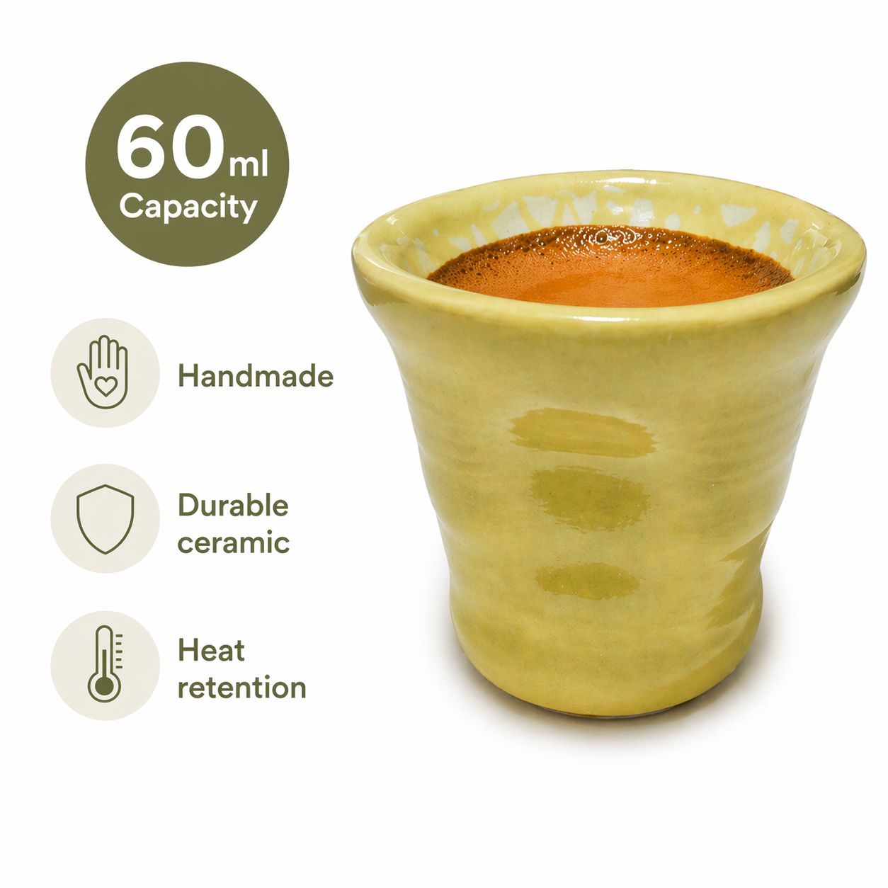 Yellow ceramic cup with text indicating capacity, material, and features on a white background
