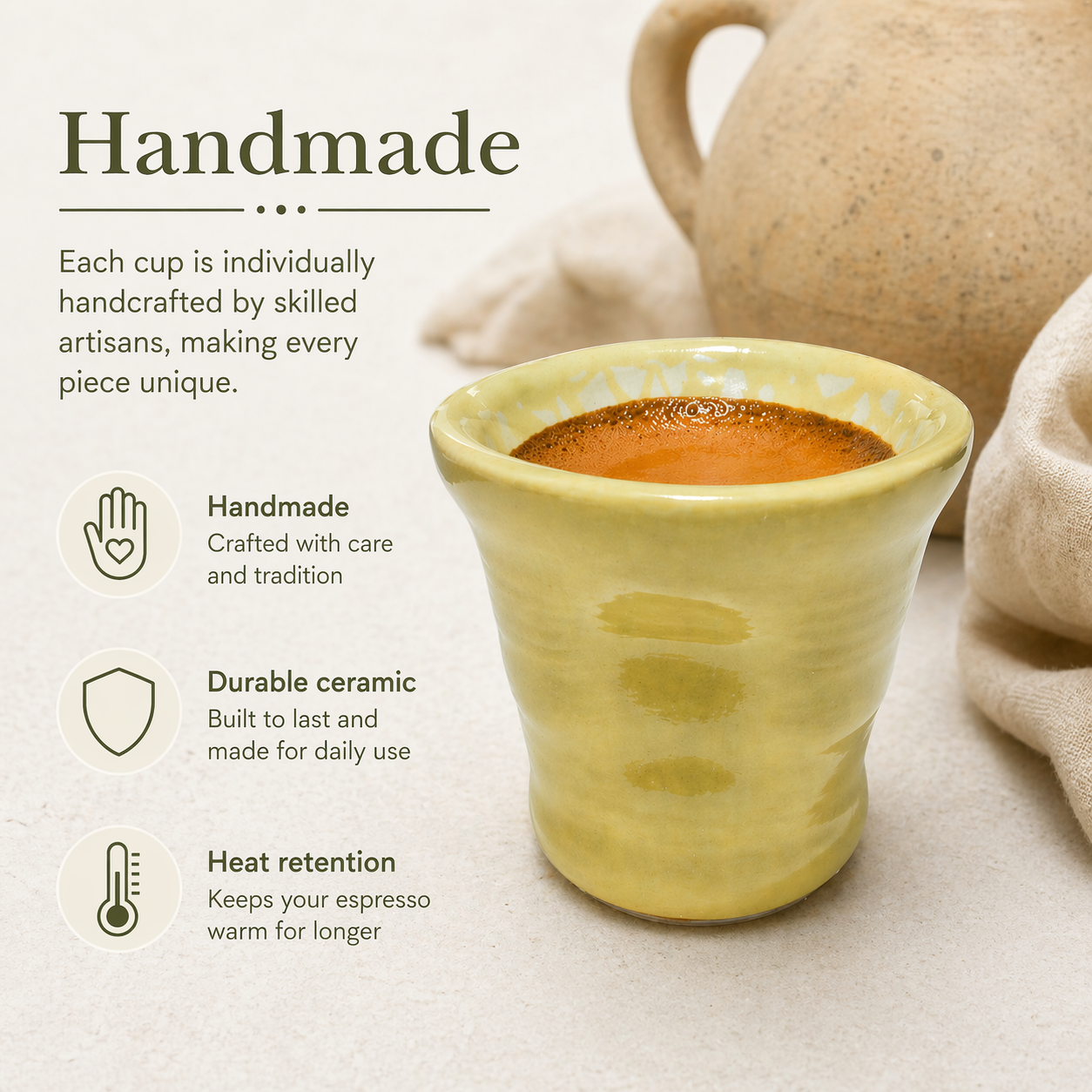Yellow ceramic cup with espresso, surrounded by text about handmade craftsmanship.