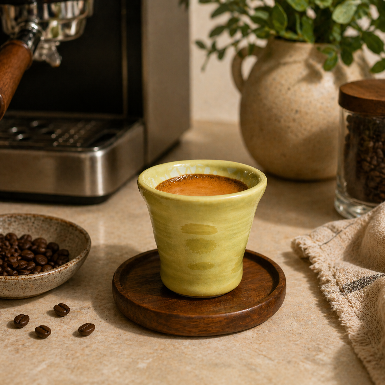 Yellow ceramic cup with coffee on a wooden coaster, next to an espresso machine and coffee beans.