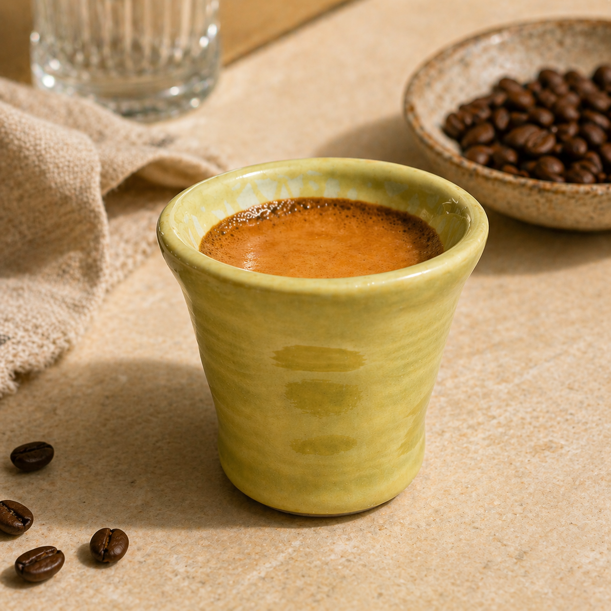 Yellow ceramic cup filled with coffee on a beige surface with coffee beans and a glass of water.