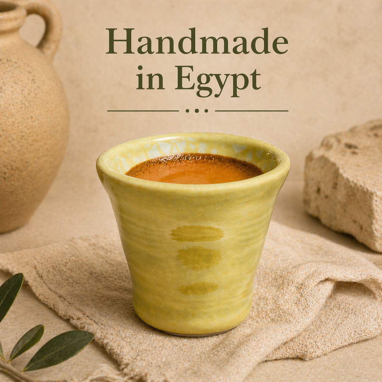 Handmade ceramic cup with a brown interior on a beige cloth, with 'Handmade in Egypt' text above.