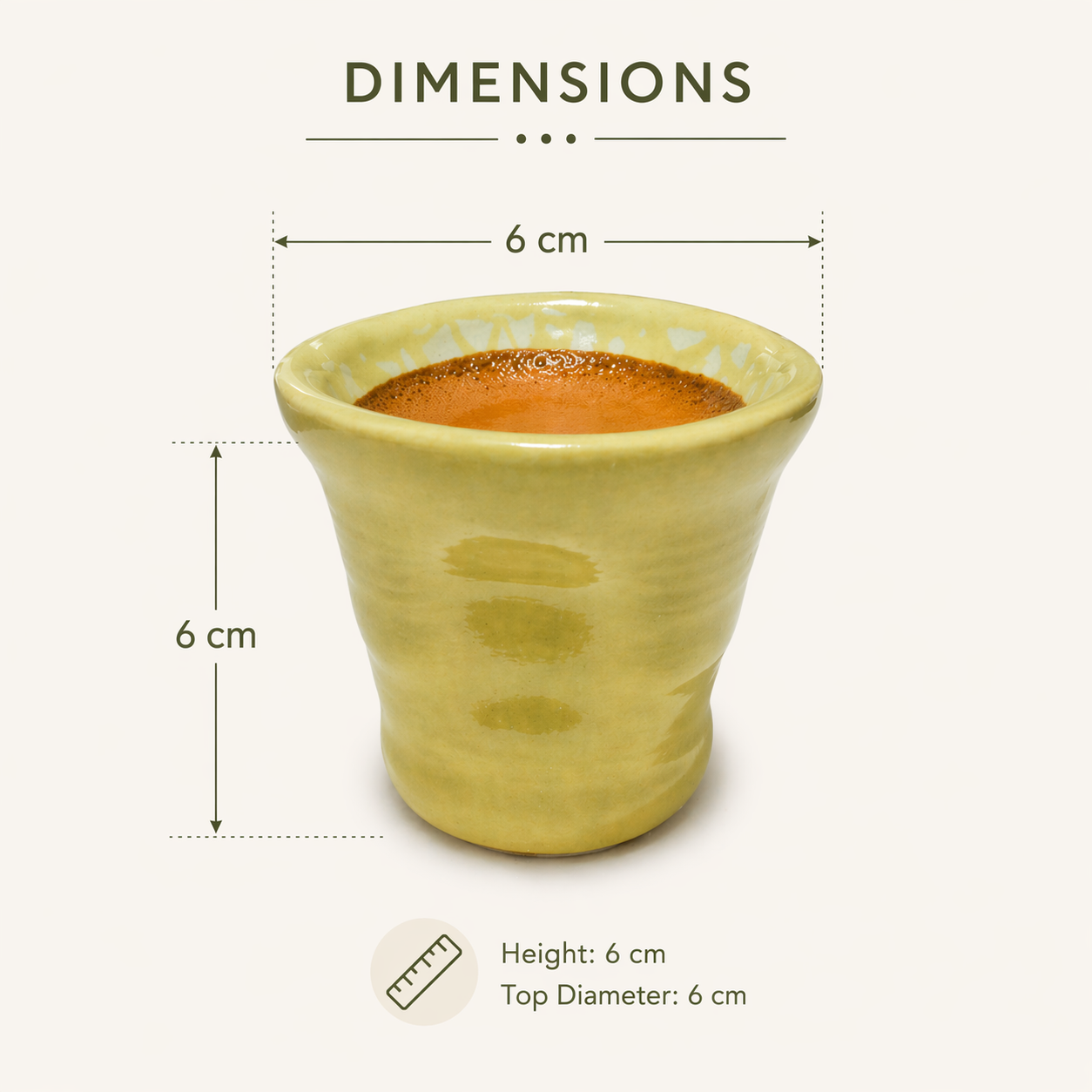 Yellow ceramic cup with dimensions labeled on a white background