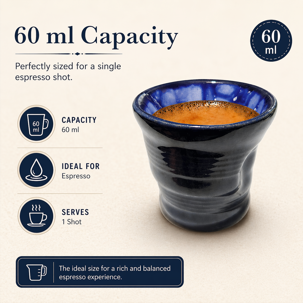 Blue espresso cup with 60 ml capacity text and coffee shot on a beige background
