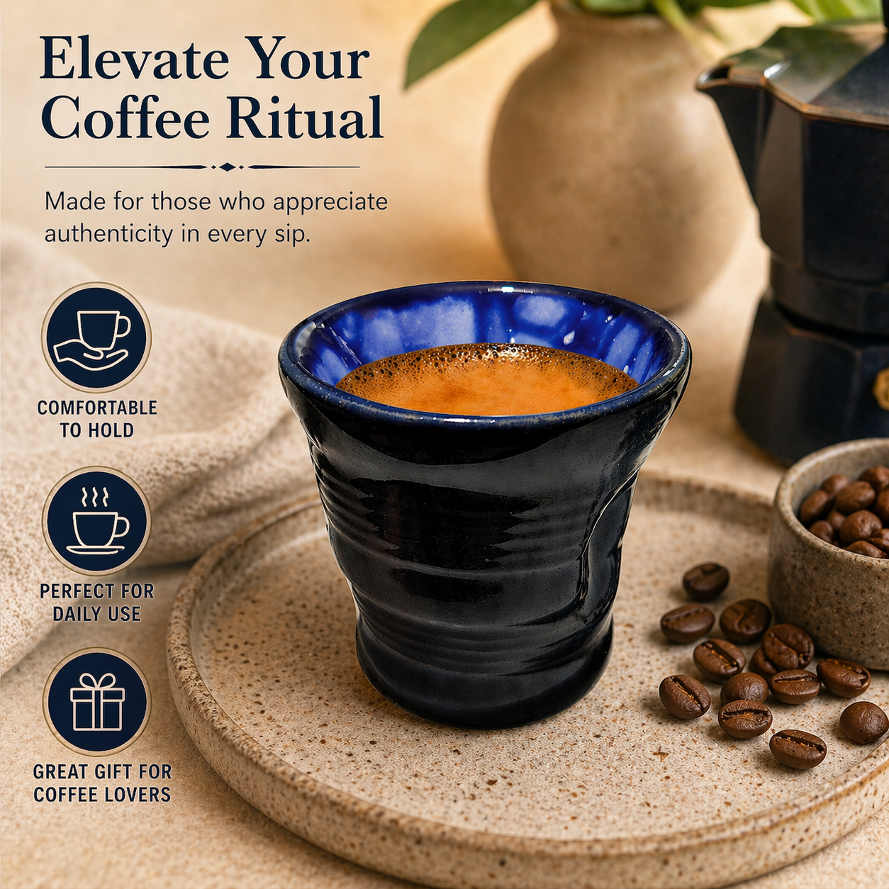 Blue ceramic coffee cup with coffee beans on a wooden surface, featuring text and icons about the product.