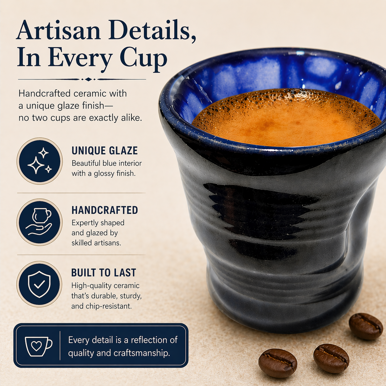 Blue ceramic cup with coffee and coffee beans, featuring artisan details text.
