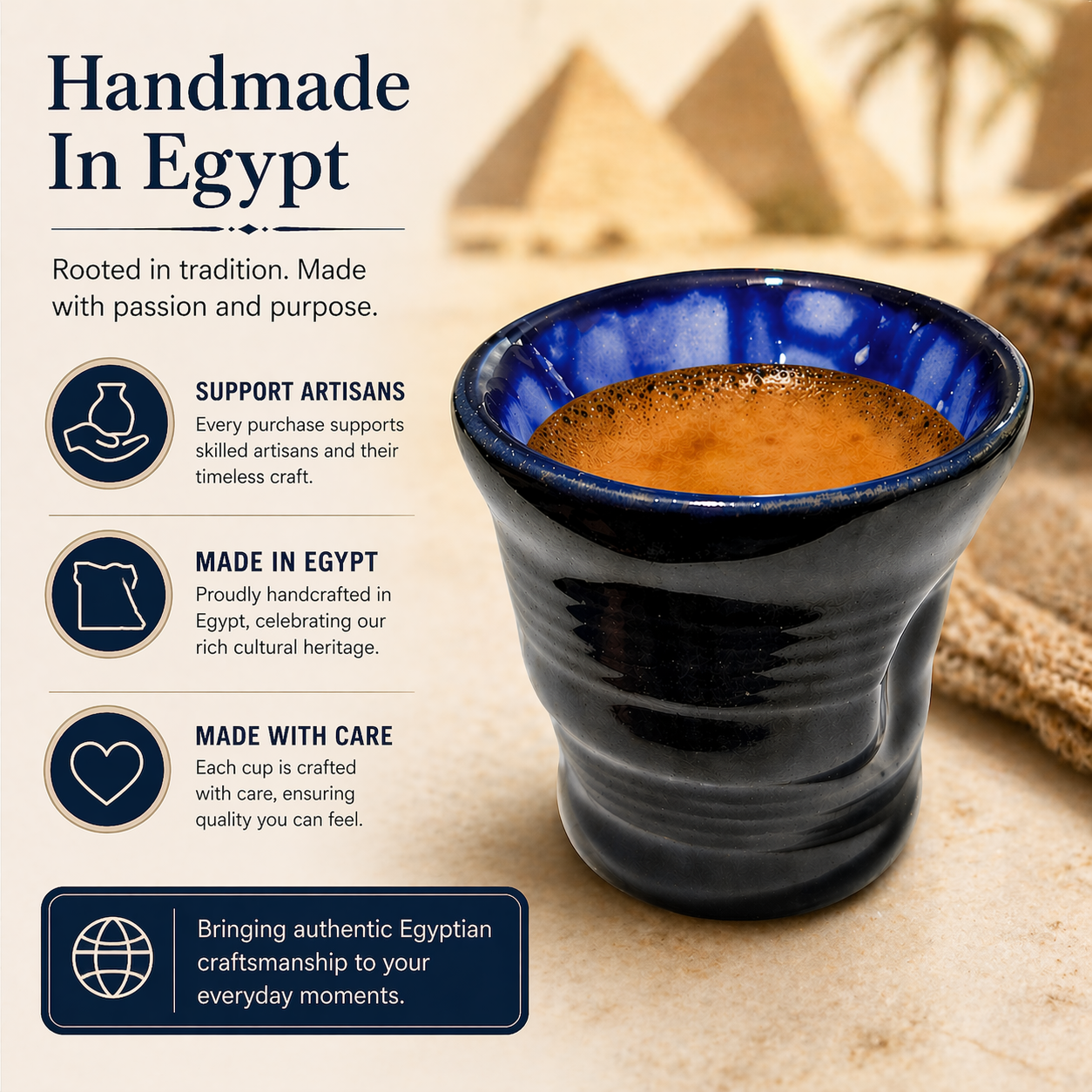 Blue ceramic cup with coffee, Egyptian pyramids in the background, and promotional text about handmade craftsmanship.