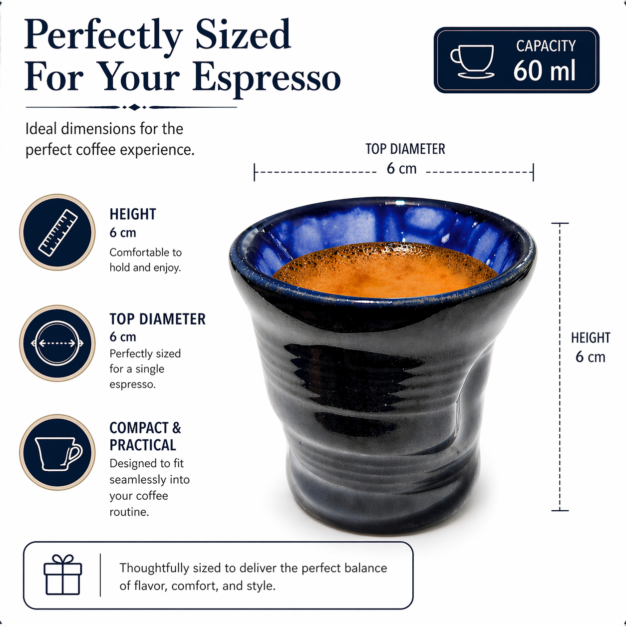 Blue espresso cup with dimensions and features on a white background