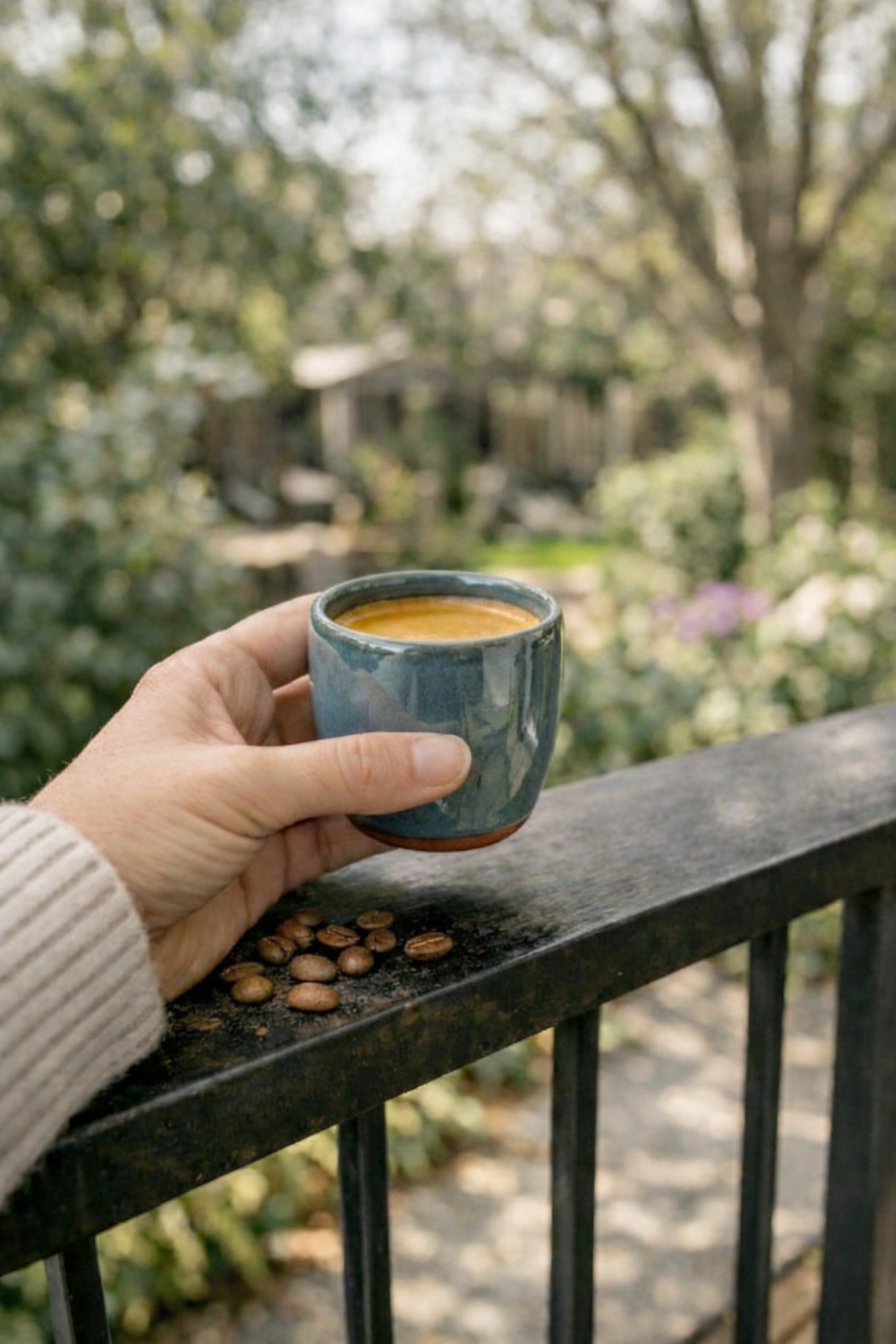 Hand holding a small blue cup of coffee with scattered coffee beans on a railing, blurred garden background