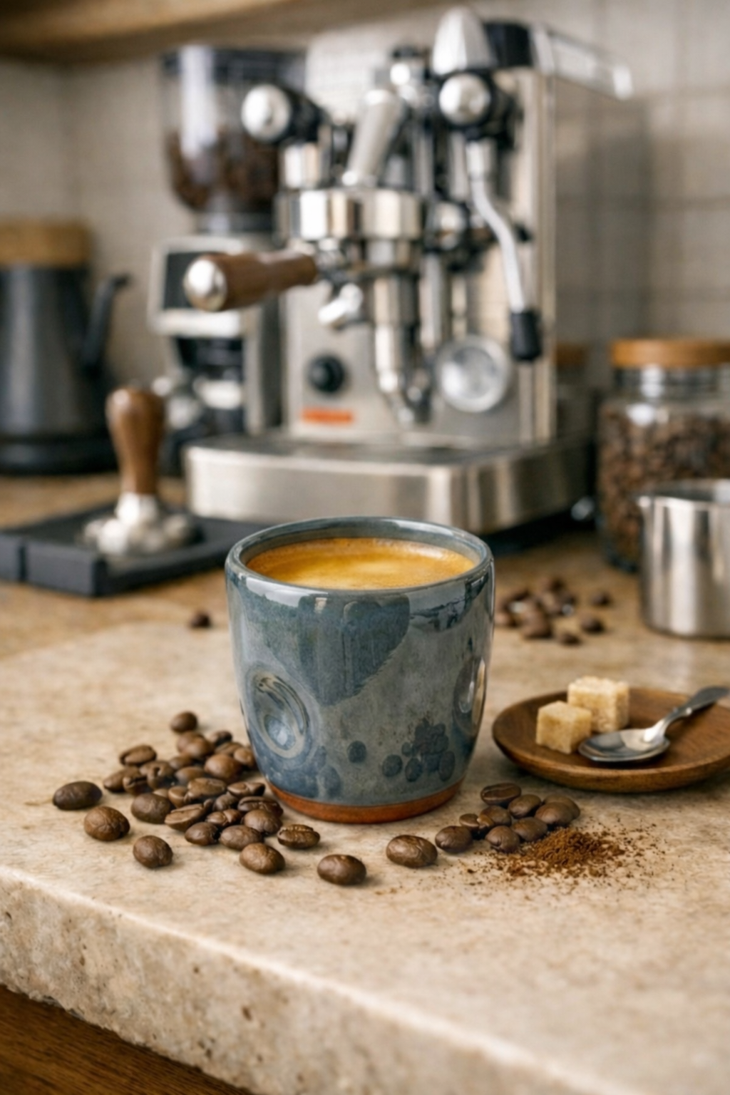 Espresso machine with a blue ceramic mug filled with coffee on a counter.