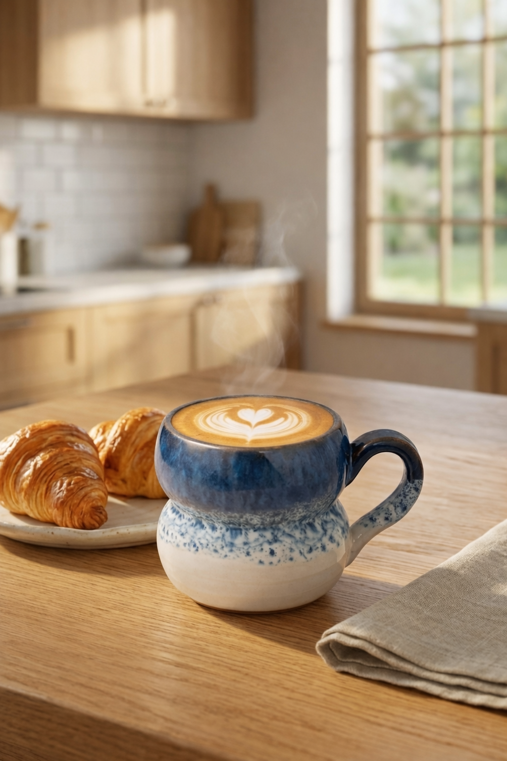 Blue ceramic mug with a heart-shaped design on a wooden table with pastries