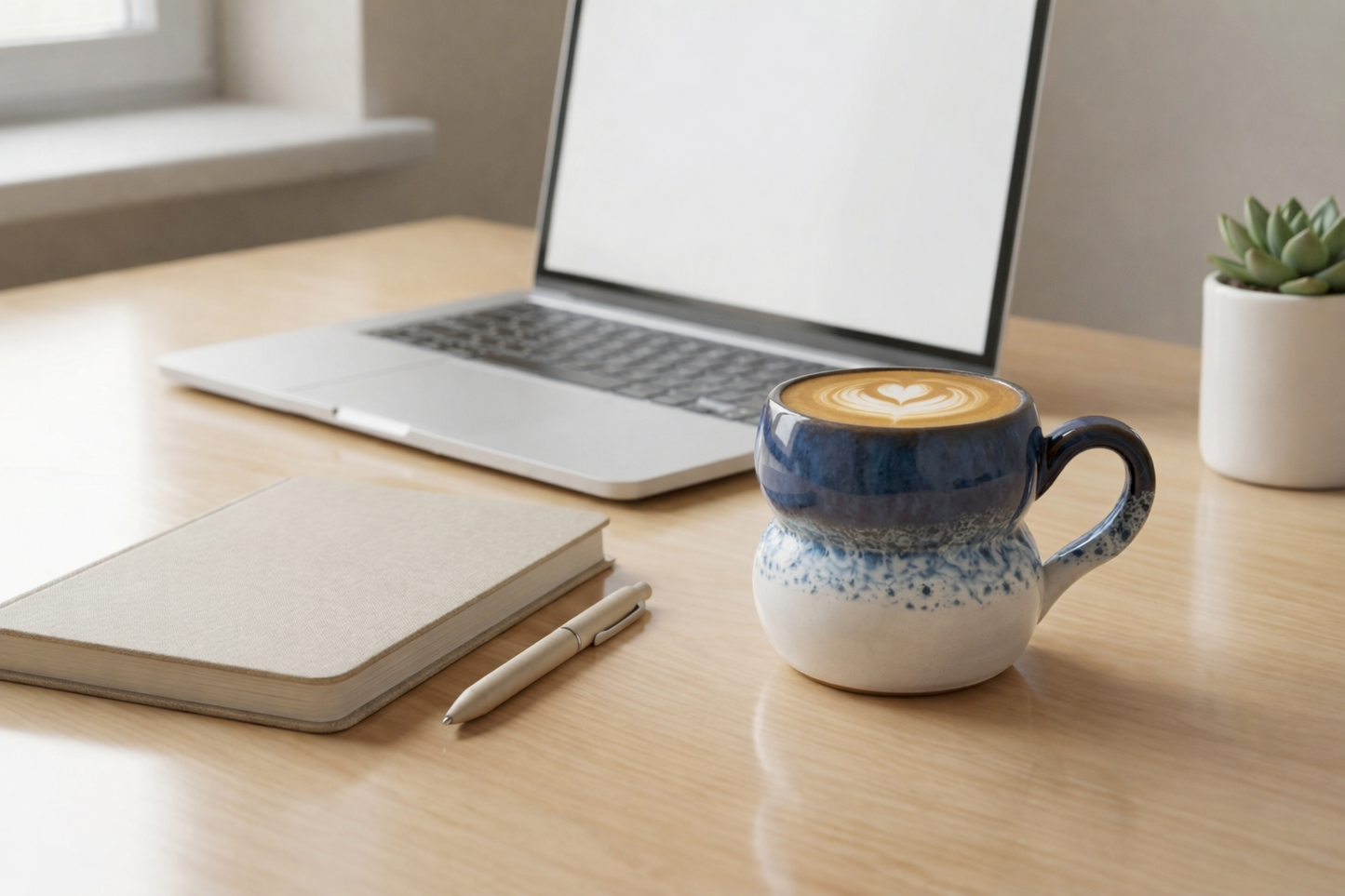 Laptop on a desk with a coffee mug and notebook