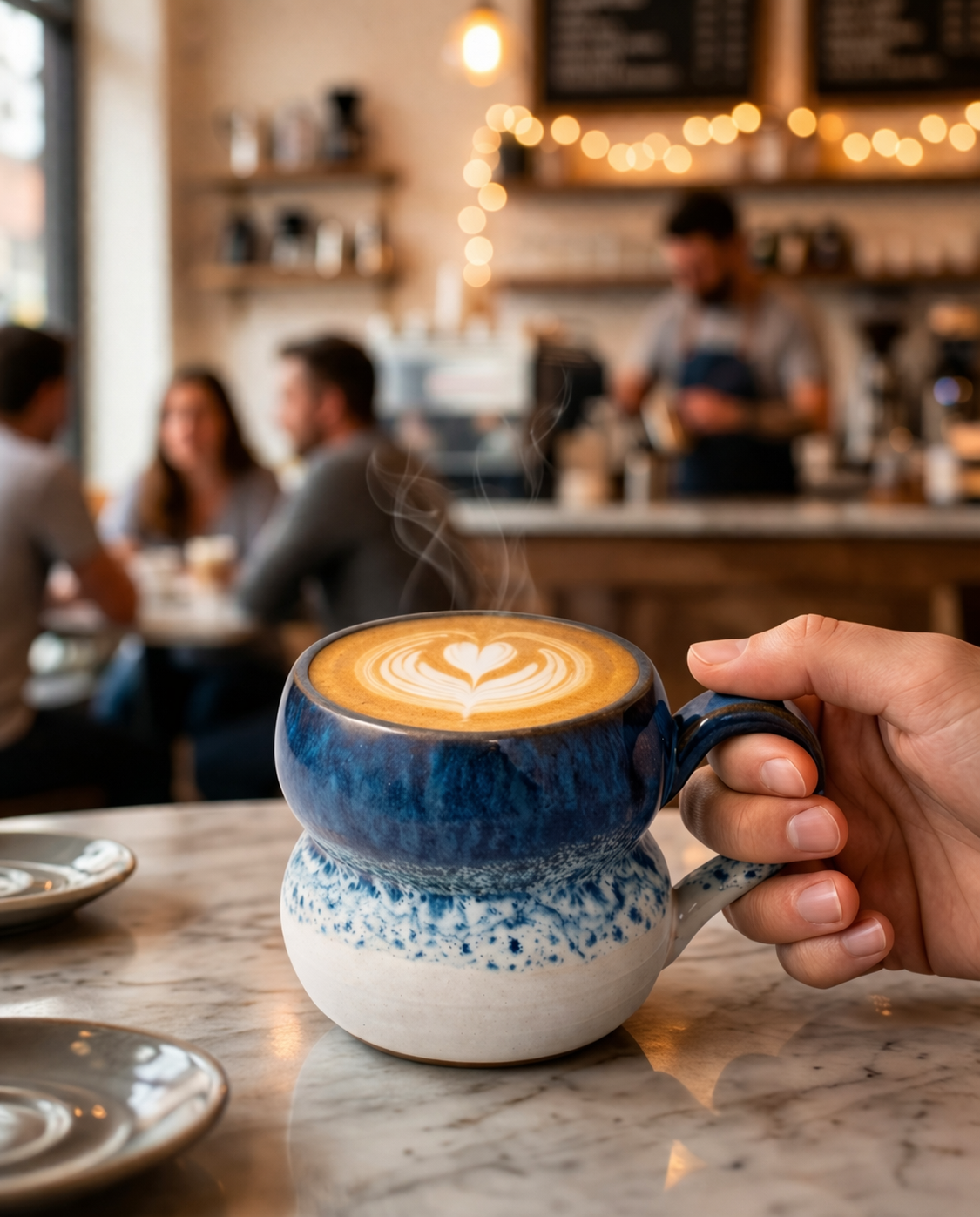 Person holding a blue and white ceramic mug with steaming coffee in a cozy cafe setting.
