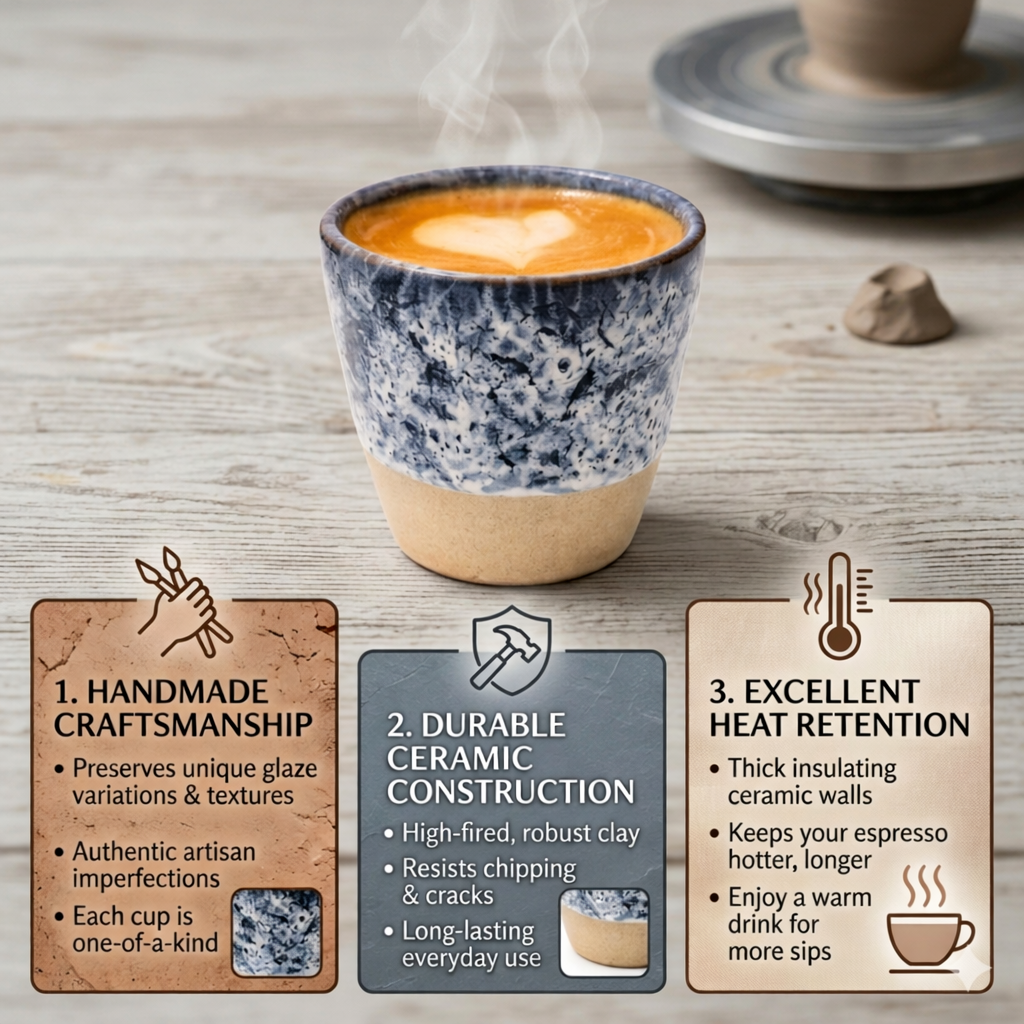 Ceramic cup with steaming coffee on a wooden surface, featuring text about craftsmanship, durability, and heat retention.