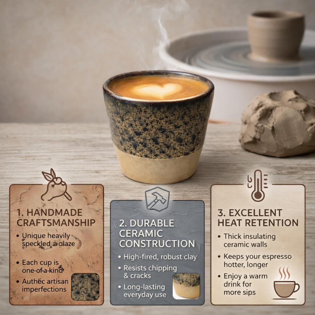 Ceramic cup with speckled glaze on a wooden surface, surrounded by text about craftsmanship, durability, and heat retention.