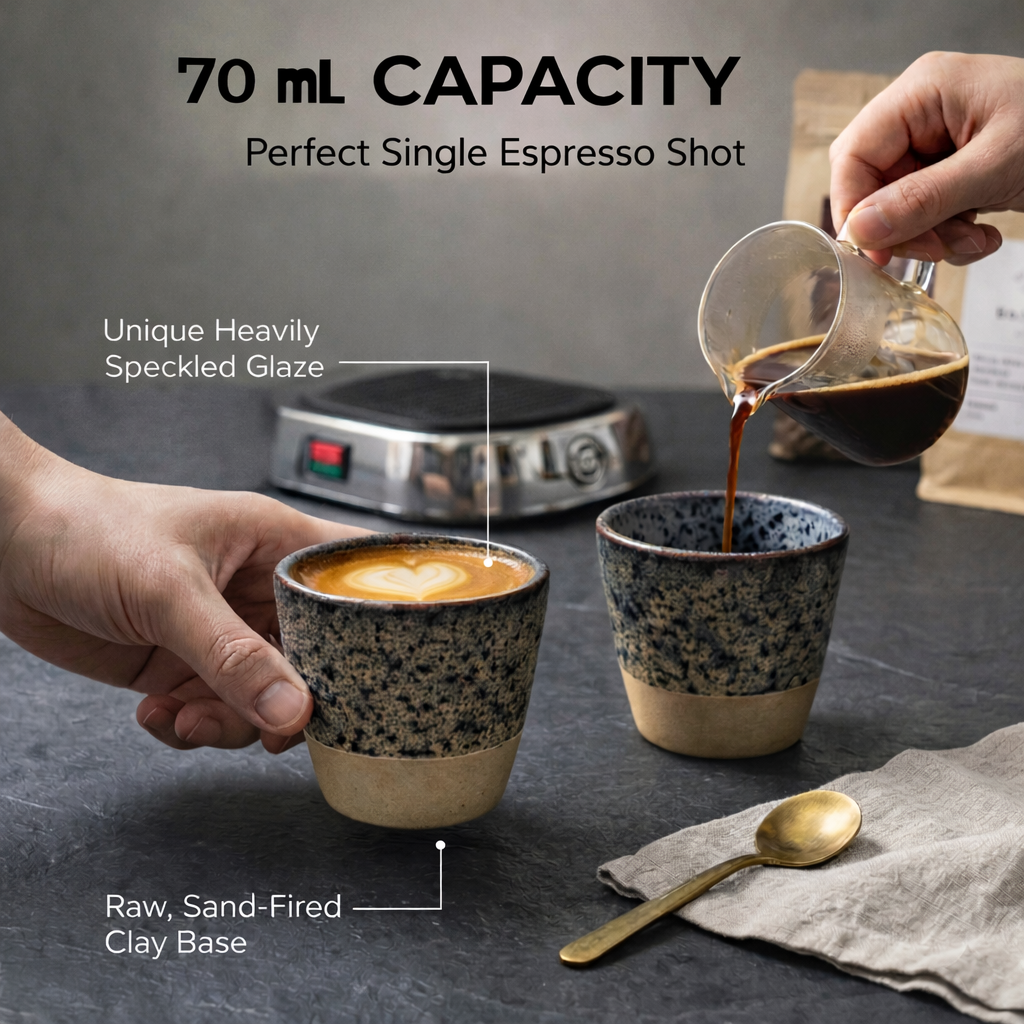 Two hands holding ceramic espresso cups with a coffee pot pouring coffee, on a dark surface.