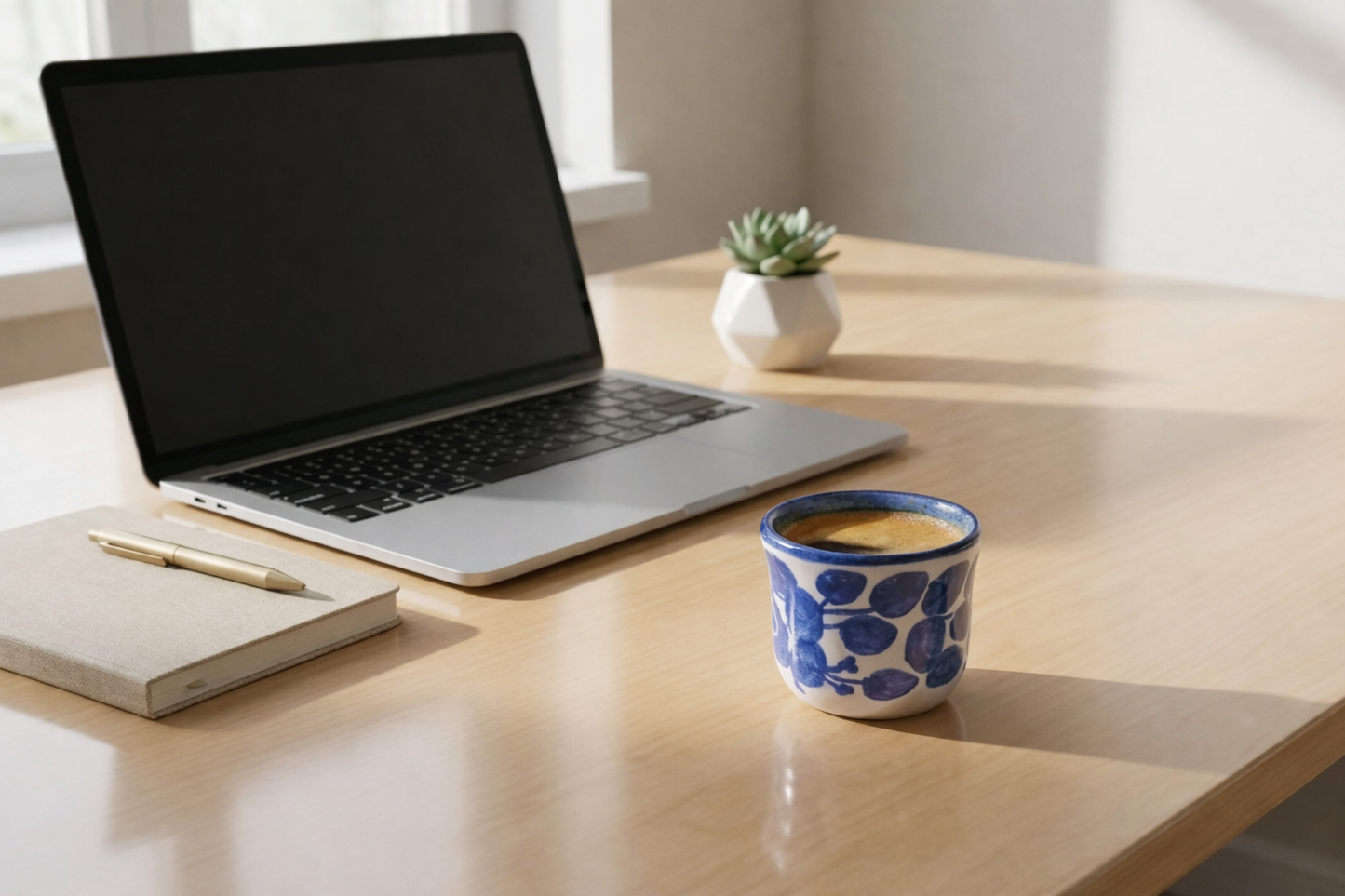Laptop on a wooden desk with a notebook, pen, and floral cup.