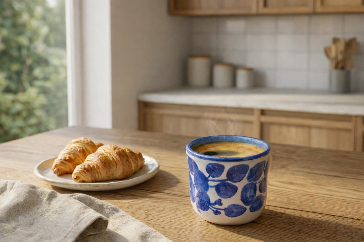 Cup of coffee with blue floral design on a wooden table, next to a plate of croissants in a kitchen setting.
