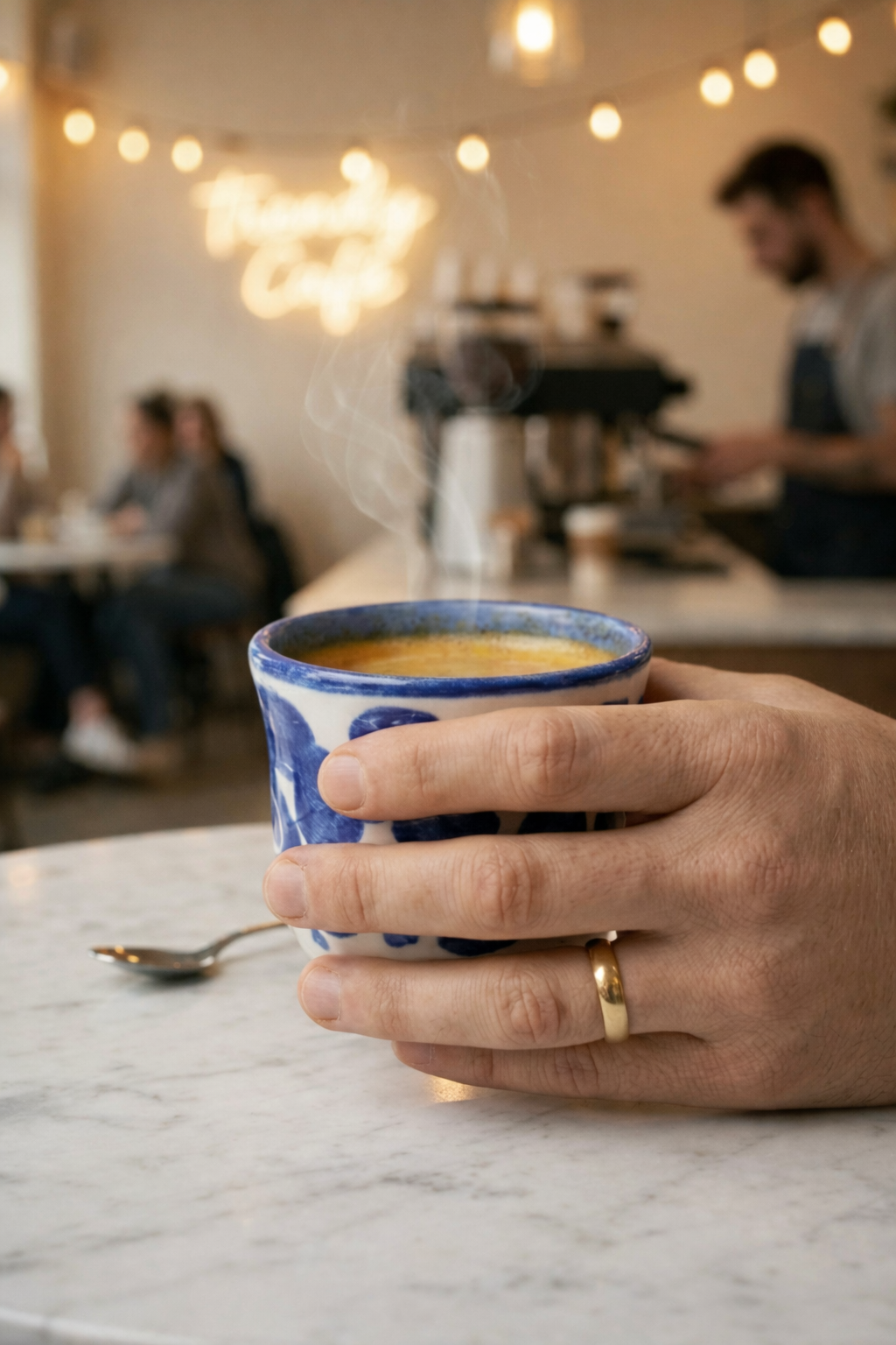 Hand holding a blue and white ceramic mug with coffee in a cafe setting.