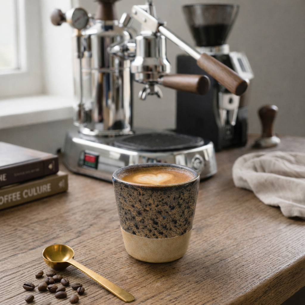 Espresso machine with a cup of coffee on a wooden table, surrounded by coffee beans and a gold spoon.