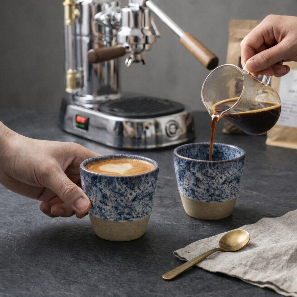 Espresso being poured into two blue speckled ceramic cups with a coffee machine in the background.