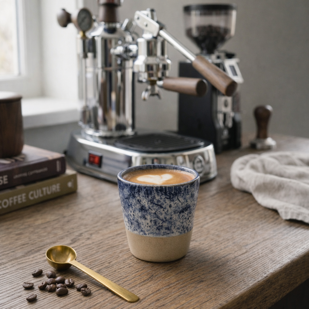 Espresso machine with a cup of coffee on a wooden table