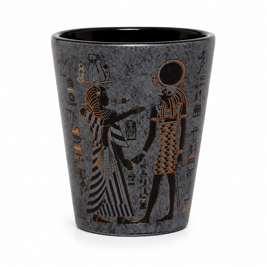 A dark gray textured ceramic shot glass featuring an Egyptian design with black figures and gold hieroglyphs, set against a plain white background.