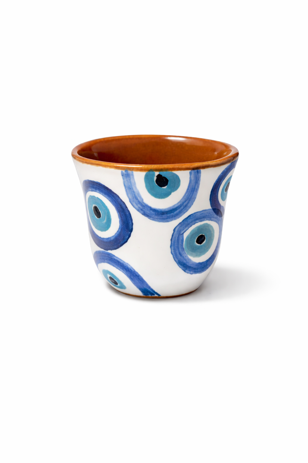 Handmade pottery espresso cup 60 ml with blue evil eye design