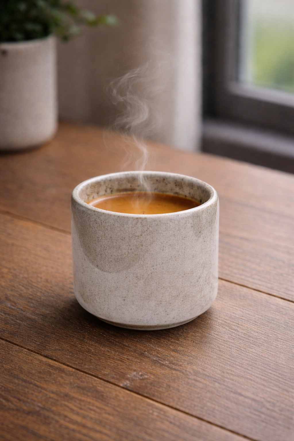 Steaming coffee in a textured ceramic cup on a wooden table with a blurred background