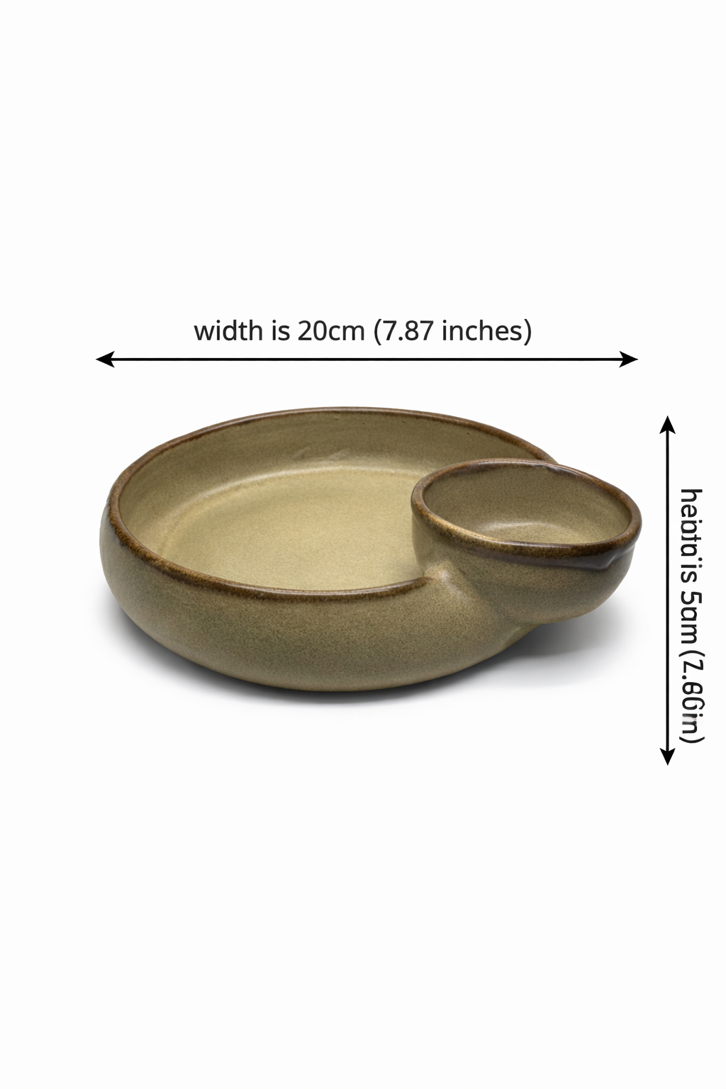 Ceramic dish with dimensions labeled on a white background